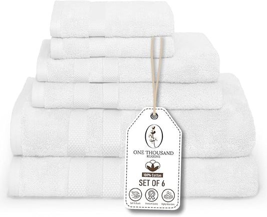 Premium Staple Cotton Bathroom Towel Set - White 600 GSM 6-Piece Luxury Bath Towel Set 3 Stripe - 2 Bath Towels, 2 Hand Towels & 2 Washclothes Set - High Absorbent & Quick Dry for Gym, Spa, Hotel