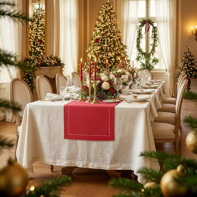 D'Moksha Homes Linen Bright Red Table Runner 120 Inches Long - 100% Pure Linen Hemstitch 14 x 120 Inch Table Runner for Dining, Winter, Holiday, New Year - Classic Hemstitch