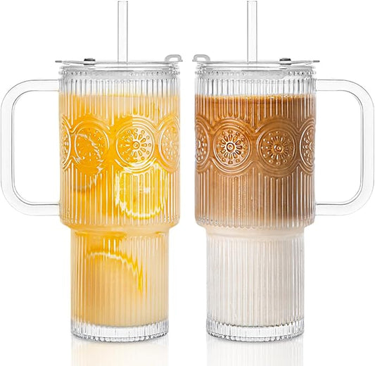 INSETLAN 26oz Ribbed & Floral Glass Tumblers with Handle and Lid, Set of 2 –Reusable Iced Coffee Cups with Straw, Glass Mugs for Water, Smoothies, Tea, and Juice – Ideal for Travel & Daily Use