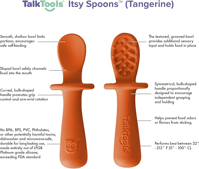 TalkTools ITSY Tiny Silicone Spoons – Twin Pack Soft Silicone Self-Feeding Training Spoons for Kids & Toddlers, Anti-Choking Flange Guard and Non-Slip Handle (Tangerine)