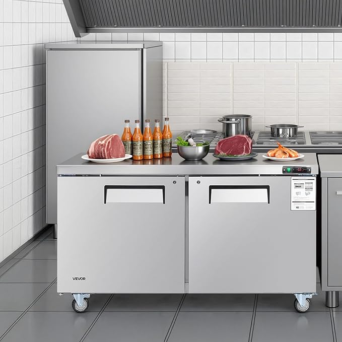 VEVOR 60" W Commercial Freezer, 14.8 Cu.Ft Worktop Freezers Undercounter with LED Auto Lighting and Lockable Door, 2 Doors Food Freezing Prep Worktable, Stainless Steel Prep Frozen Table with Casters