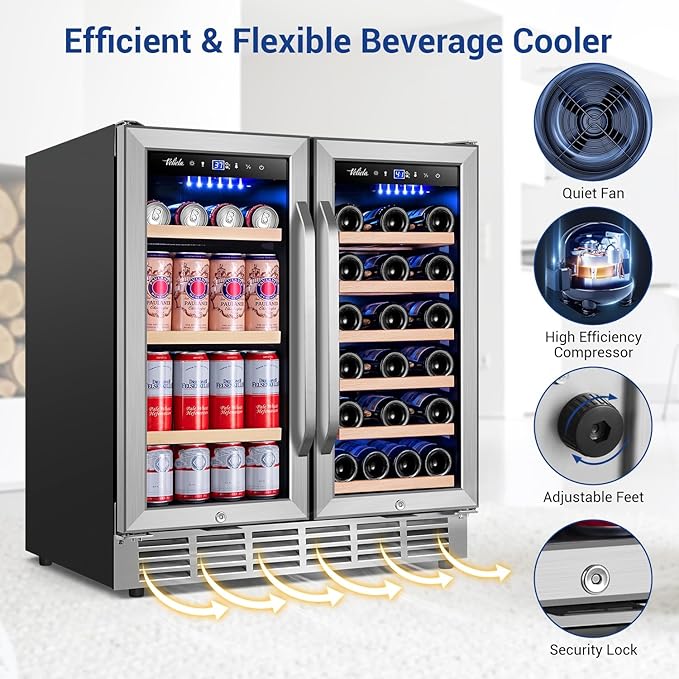 Wine and Beverage Refrigerator 30 Inch, Upgrade Dual Zone Wine Cooler, 30'' Wine beverage Fridge Built in or Freestanding Under Counter Large Capacity Glass Door Advanced Cooling System