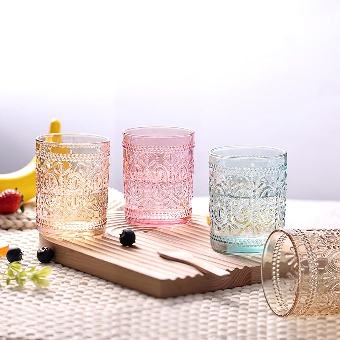 Amber Glassware set of 4, Vintage Drinking Glasses, 10oz Heavy Duty Glass Cups, Colored Glassware Set, Embossed Glasses Set for Party Wedding Home Office Gift