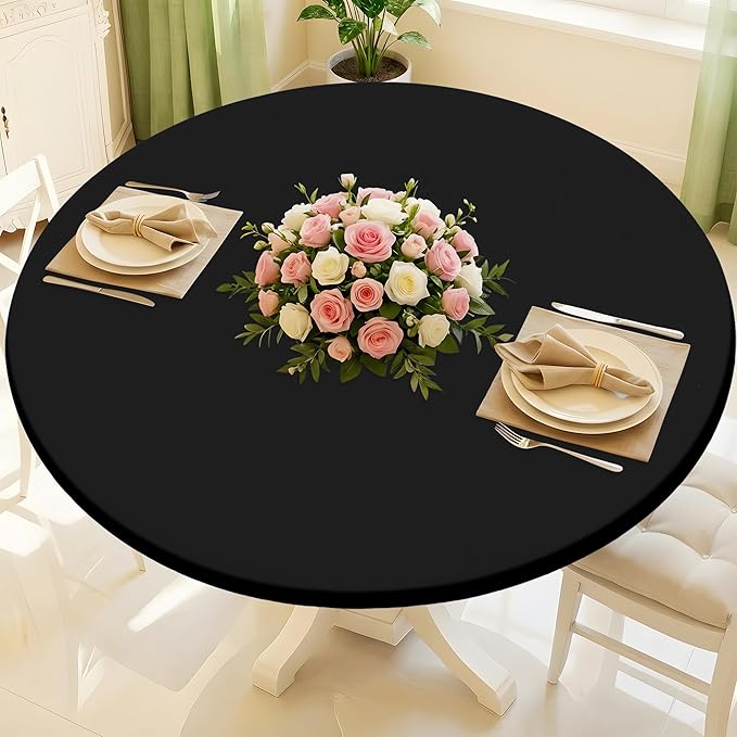 Round Spandex Tablecloth, Elastic Fitted Waterproof Tablecloths for 45"-56" Tables, Stretch Washable Picnic Table Cover for Camping, Dining, Indoor and Outdoor, Black