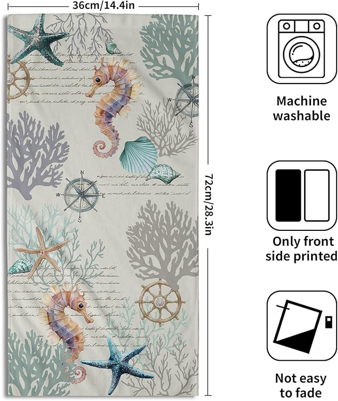 Imiss Nautical Blue Coral Hand Towels Set of 2 Vintage Seashell Starfish Compass Decorative Bath Towels Soft Small Fingertip Face Towel for Home Bathroom Hotel