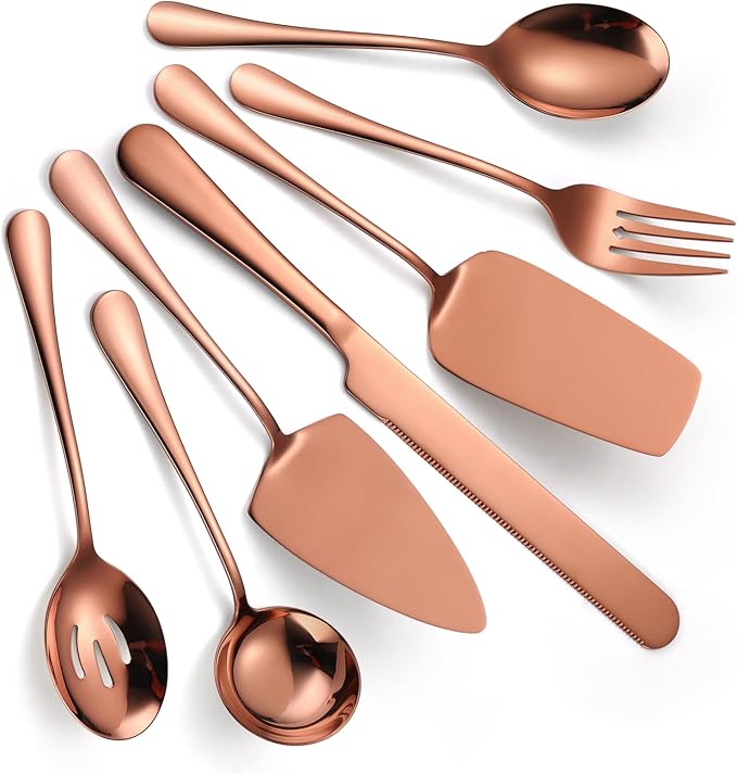 Copper Utensils Serving Set Rose Gold Stainless Steel Flatware Cake Knife Sever Fork Large Spoon Spatula Catering Silverware Complete 7 Pieces for Home Party Buffet