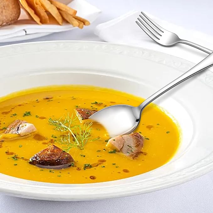 E-far 24-Piece Dinner Forks and Spoons, Stainless Steel Silverware Flatware Eating Utensils Set for Home Kitchen Restaurant, Food Grade Metal & Streamline Design, Mirror Finish & Dishwasher Safe, 8 In