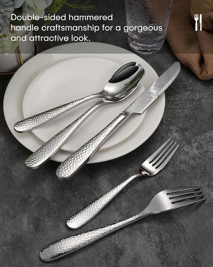 Hammered Silverware Set, Ollex 60-Piece Silver Flatware Set for 12 Mirror Finish Stainless Steel Eating Utensils Sets Include Forks Spoons and Knives Tableware Kitchen Cutlery Sets, Dishwasher Safe