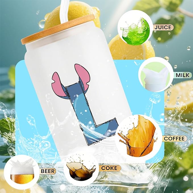 Cute Cartoon Lover Gifts Initial A-Z Personalized Iced Coffee Cup Cartoon Merch 16oz Glass Cup with Lid and Straws Birthday Christmas Gifts for Women Teen Girls Fans (Letter L)