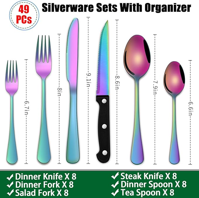 49-Pieces Colorful Rainbow Stainless Steel Silverware Sets With Organizer And Steak Knives,Knife Spoon And Fork Eating Utensils Sets For Ktichen,Multicolor Flatware Sets With Cutlery Tray