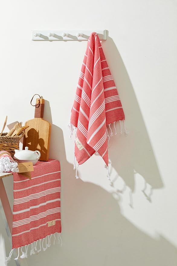 Hand Towels - Set of 2, 18" x 30" inches, Decorative Peshtemal Cotton Hand Towels for Kitchen, Bath, Guest, Face, Hair, Gym, Yoga, Dishcloth, Travel (Coral)