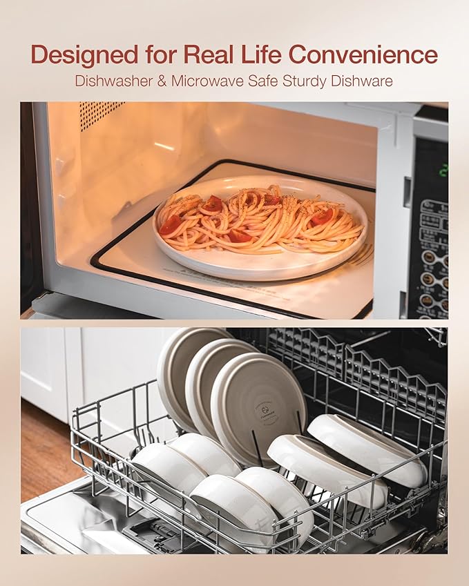 Famiware Milkyway Stoneware Dinnerware Sets with Pasta Bowls, Service for 4 (16 Pieces), Plates and Bowls Sets -Scratch Resistant, Microwave and Dishwasher Safe Dishes Set, White