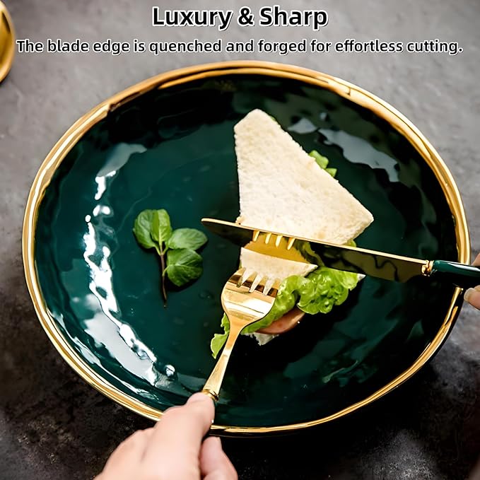 30-Piece Gold Silverware Set with Elegant Emerald Ceramic Handle,Premium Stainless Steel Flatware Set Service for 10,Mirror Polished Dishwasher Safe Luxury Cutlery Set for Home Restaurant