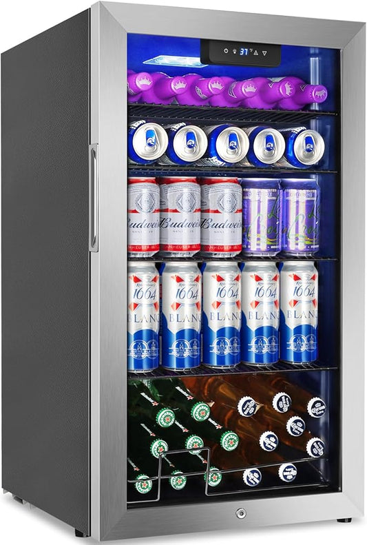 128 Cans Beverage Refrigerator Cooler, 3.2 Cu.Ft Mini Drink Fridge Glass Door for Drink Beer Soda Wine, Beer Fridge with 4 Removable Shelves for Kitchen Bedroom, Office Bar Gaming Room,Stainless Steel