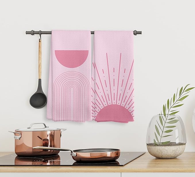 Pink Preppy Sun Moon Rainbow Kitchen Towels and Dishcloths Sets of 2, Bohemian Sunrise Hand Towels, Abstract Arch Line Drying Cloth Hand Towels for Girls Bathroom Kitchen Decor, 16×24 Inches
