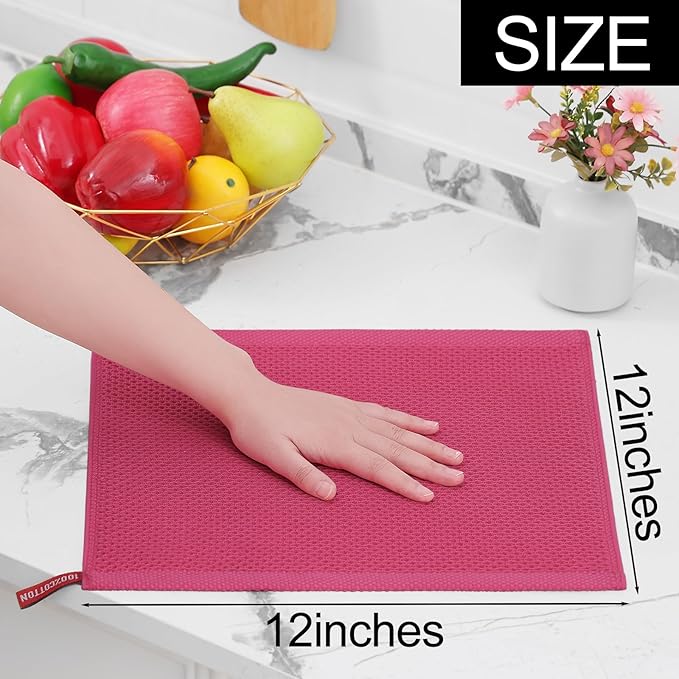 Homaxy 100% Cotton Waffle Weave Kitchen Dish Cloths, Ultra Soft Absorbent Quick Drying Dish Towels, 12 x 12 Inches, 6-Pack, Hot Pink