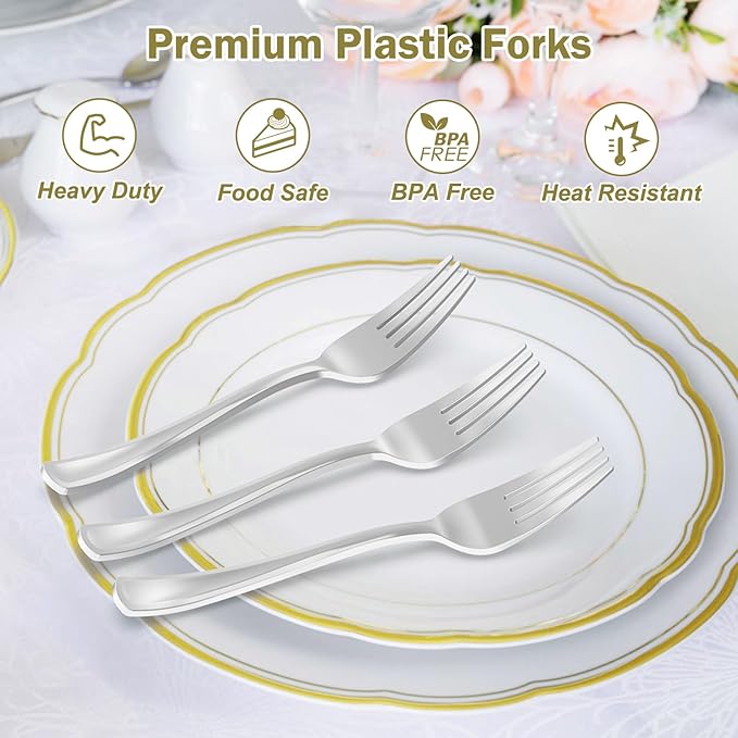 100 Count Heavy Duty Silver Plastic Forks Disposable, BPA-Free, Heat Resistant, Solid and Durable Premium Plastic Disposable Forks for Party Supply