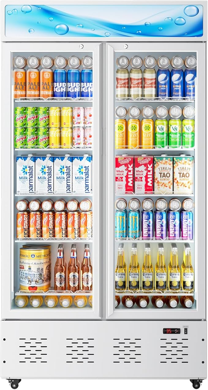 30 Cu.ft Commercial Beverage Refrigerators Glass Door Refrigerator Commercial with LED Light and 10 Shelves, Display Refrigerator for Restaurant Store Cafe Bar, White