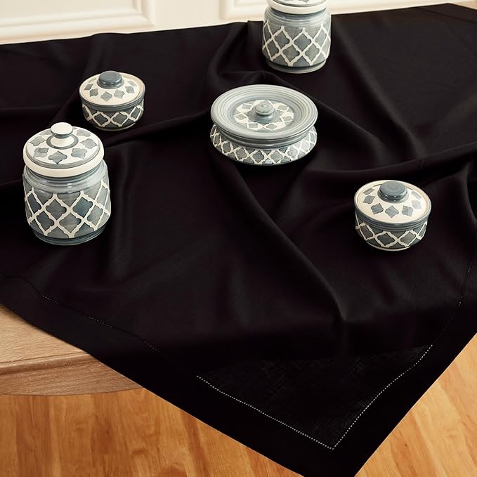 Solino Home Black Linen Tablecloth 52 x 52 Inch - 100% Pure Linen Square Table Throw - Classic Hemstitch, Machine Washable Table Cloth for Winter, Holiday