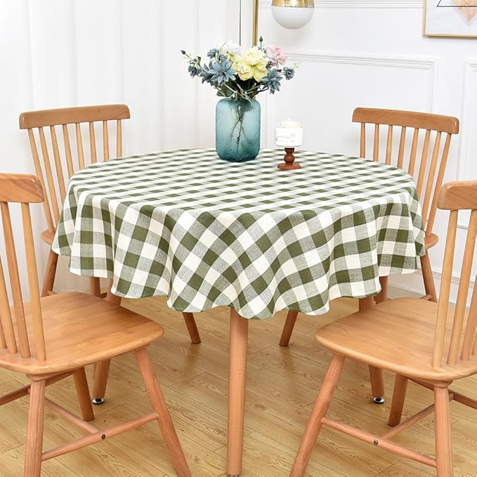 Gingham Round Tablecloth Table Cloth Heavy Duty Cotton Checkered Table Cloth Round Cover for Dining Room(R-Green, 53 inch Diameter)