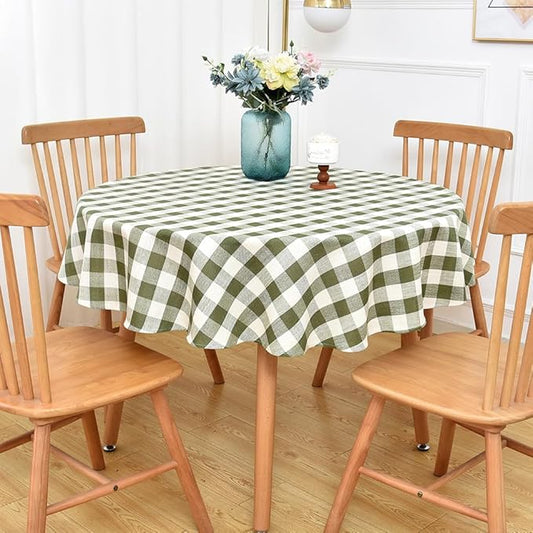 Gingham Round Tablecloth Table Cloth Heavy Duty Cotton Checkered Table Cloth Round Cover for Dining Room(R-Green, 53 inch Diameter)