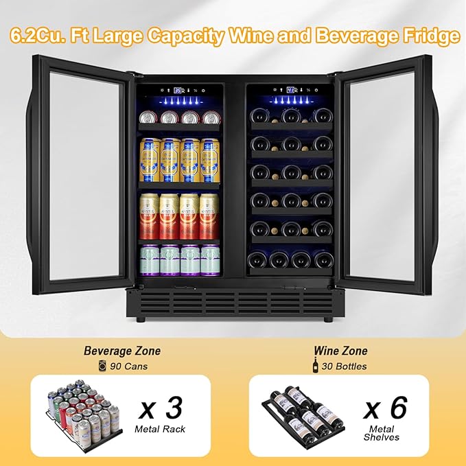 30 Inch Wine and Beverage Refrigerator Black- Dual Zone Beverage Fridge Under Counter/Freestanding Drink and Beer Fridge Built-In Home Kitchen Bar or Office