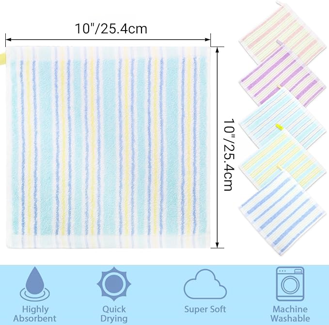 20 Pack Small Face Wash Cloths, 10x10 Inch Cotton Soft Hand Towel, Comfortable Striped Fingertip Towel for Sensitive Skin, Reusable Makeup Remover Cloth, Absorbent Cleaning Rag, 5 Colors