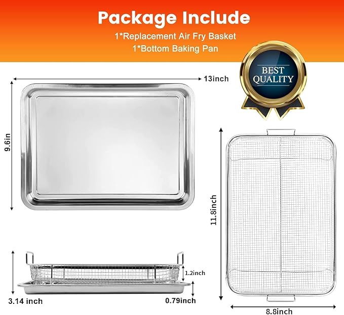 Air Fryer Basket for Oven,2 Pieces 11.8 * 8.8'' Non-stick Steel Mesh Grill Basket Air Fryer Baking Tray Accessories Rack Roasting Basket for Convection Oven with Air Fryer, Dishwasher Safe