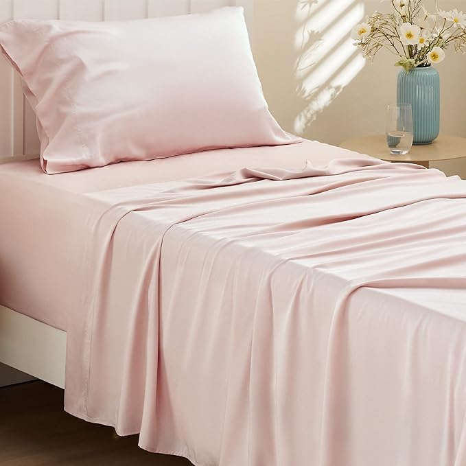 Bedsure Cooling Sheets Twin XL, Rayon Derived from Bamboo, Breathable & Soft Twin XL Sheet Sets, Deep Pocket Up to 16 Inches, Hotel Luxury Silky Dorm Bedding for Hot Sleepers, Pink