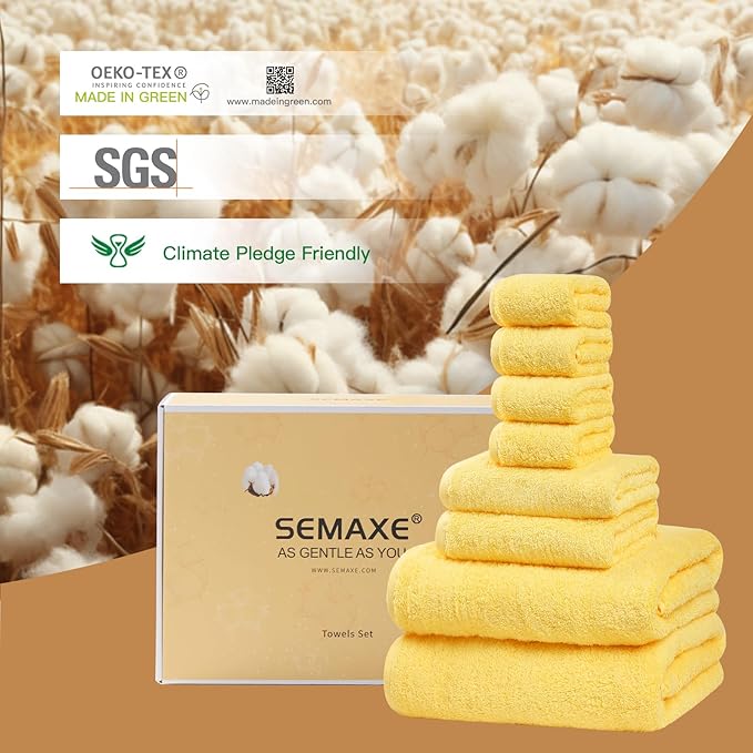 SEMAXE Yellow Bath Towel Set, 100% Cotton Absorbent Bathroom Towels with Hanging Loops, 8 Piece Towel Set Include 2 Bath Towels, 2 Hand Towels, 4 Washcloths