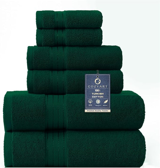 COZYART Dark Green Bath Towel Set 6Pcs, Turkish Cotton Hotel Soft Absorbent Thick Bathroom Towel Sets of 6 with 2 Large Bath Towels, 2 Hand Towels, 2 Washclothes, 650 GSM