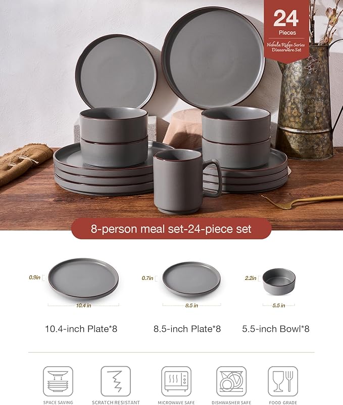 Famiware Nebula Ridge Stoneware Dinnerware Sets for 8, 24 Pieces Plates and Bowls Sets, Dishes Set, Microwave and Dishwasher Safe Kitchen Plates, Dark Gray