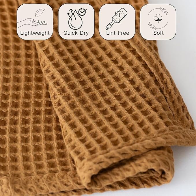 2-Piece Waffle Towels Set for Bathroom Caamel Brown - Soft 100% Turkish Cotton Quick-Dry Lint-Free Waffle Weave Thin Bath and Hand Towels (Caramel, Set of 2 Mix Towels)