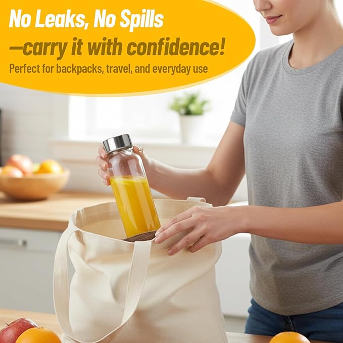 10 oz Clear Glass Bottle with Lid, Reusable Glass Water Bottles with Stainless Steel Cap & Straws for Juicing, Milk, Ginger & Smoothies, Refrigerator, Leak-Proof, Juice Containers Set of 8