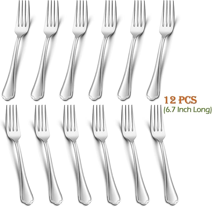 Salad Forks Set of 12, E-far 6.7 Inch Stainless Steel Dessert Forks for Home, Kitchen or Restaurant, Non-toxic & Mirror Polished, Scalloped Edge & Dishwasher Safe