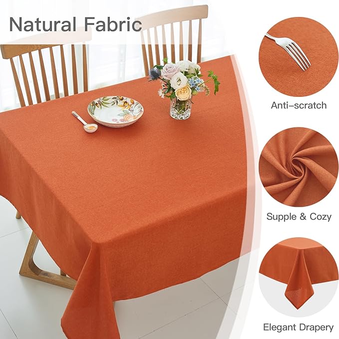 maxmill Rectangular Linen Textured Tablecloth Waterproof Spillproof Wrinkle Free Fall Table Cloth, Dining Room Thanksgiving Decoration, Fabric Table Cover Halloween Tablecloths, 52 x 84 Inch, Rust