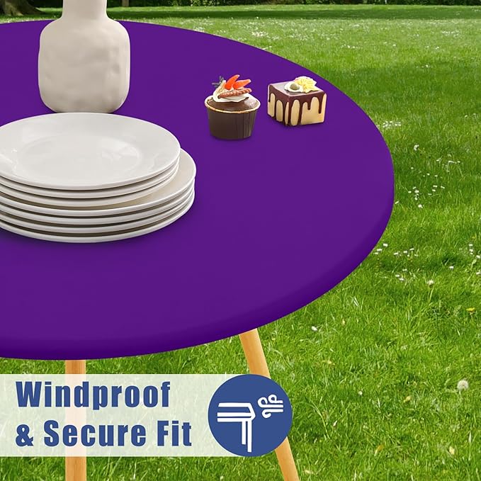 Round Spandex Tablecloth, Elastic Fitted Waterproof Tablecloths for 57"-68" Tables, Stretch Washable Picnic Table Cover for Camping, Dining, Indoor and Outdoor, Purple