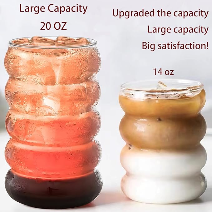 2 Pcs 20oz Drinking Glasses Set with Bamboo Lids and Straws, Cute Iced Coffee Glass Cups, Iced Coffee Tumblers, Thick Drinking Jars for Smoothie, Boba Milk Tea, Ideal for Gift, with Straw Brush