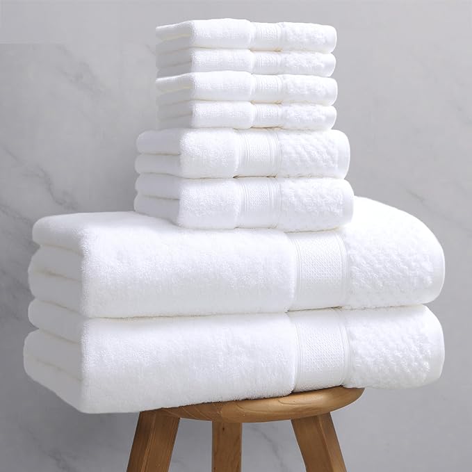 Durable Towel Set for Bathroom, Set of 8（2PC Bath 31"x62",2PC Hand 18"X30",4PC Wash 12"X12") - 100% Cotton | Thick 560GSM | Quick Dry | Soft | Absorbent, Luxury Hotel Towels for Shower, White