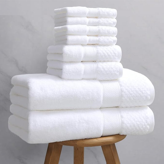 Durable Towel Set for Bathroom, Set of 8（2PC Bath 31"x62",2PC Hand 18"X30",4PC Wash 12"X12") - 100% Cotton | Thick 560GSM | Quick Dry | Soft | Absorbent, Luxury Hotel Towels for Shower, White