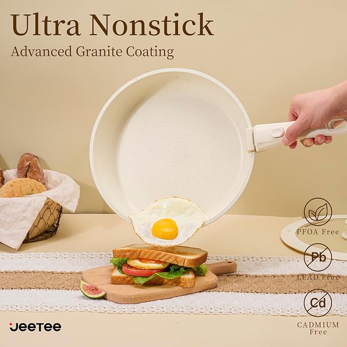 JEETEE Pots and Pans Set Non Stick 17pcs, Kitchen Cookware Sets with Detachable Handle, Induction Nonstick Cookware Set with Removable Handle, Stackable RV Cookware, Oven Safe, PFAS/PFOA Free, Beige