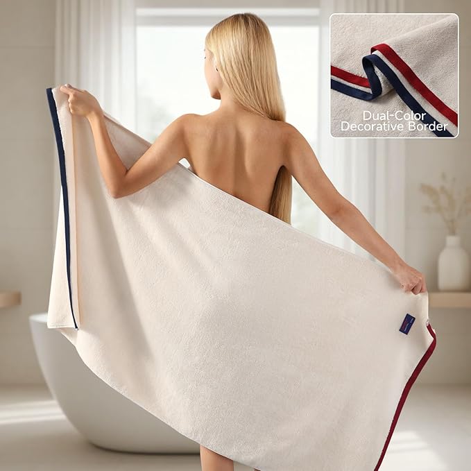 REDKISS 6 Pack Cotton Towel Set with Luxury Embellished Border, 600 GSM Ultra Soft & Highly Absorbent Bath Towels Set with 2 Bath, 2 Hand, 2 Washcloths for Bathroom, Gym, Spa, Hotel, Beige Brown