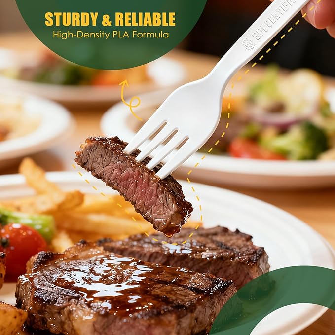 Gezond 100 Count 100% Compostable Cutlery Set 50 Forks and 50 Spoons, No Plastic Biodegradable PLA Disposable Forks and Spoons Eco-friendly Utensils Suitable for Party Picnic Office Everyday Use