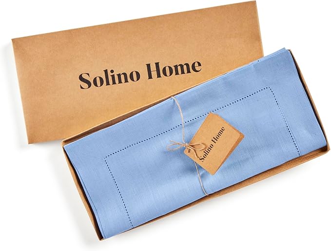 Solino Home Linen Cornflower Blue Table Runner 90 Inches Long - 100% Pure Linen Hemstitch 14 x 90 Inch Table Runner for Dining, Holiday, New Year - Classic Hemstitch