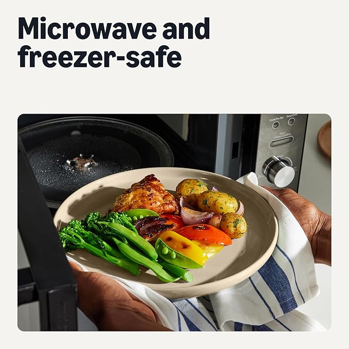 Amazon Basics Glazed Stoneware Dinner Plates, Ceramic 4-Piece Set, Microwave and Dishwasher-Safe, 10.5 in., Linen Gray