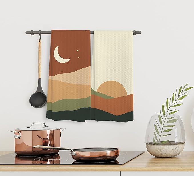 Abstract Boho Sun Moon Mountain Sunrise and Starry Night Landscape Kitchen Towels and Dishcloths Sets of 2,Boho Absorbent Drying Cloth Hand Towels Tea Towels for Bathroom Kitchen,16×24 inches