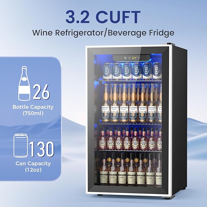 26 Bottle Wine Cooler 130 Can Beverage Refrigerator, Small Freestanding Cabinet Wine Cellar with 32℉-61℉ Temperature Control Glass Door, Black
