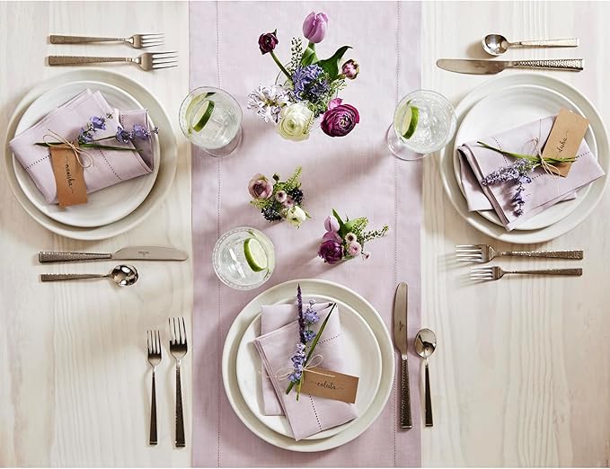 Solino Home Linen Table Runner 60 Inches - 100% Pure Linen Lilac Hemstitch Table Runner 14 x 60 Inch Ideal for Dresser and Coffee Tables, Valentines - Classic Hemstitch