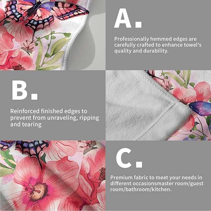 Imiss Pink Flowers Kitchen Dish Hand Towels 14.4 x 28.3 Inch Pink Purple Butterfly Green Leaves Small Bath Guest Towel for Bathroom Hotel Gym Spa