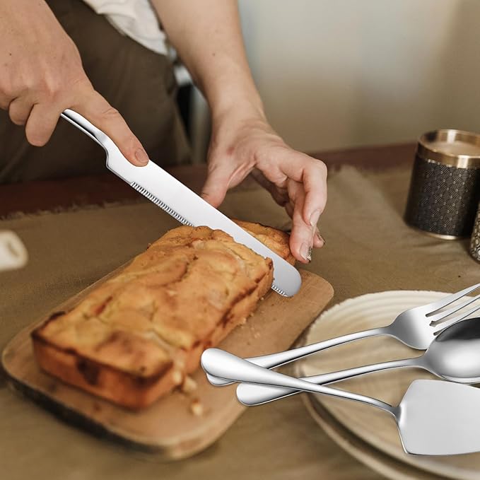 Serving Utensils 7 Pieces Stainless Steel Flatware include Cake Knife Server Large Spoon Spatula Big Fork Pefect For Festival Parties Buffet Catering Silverware